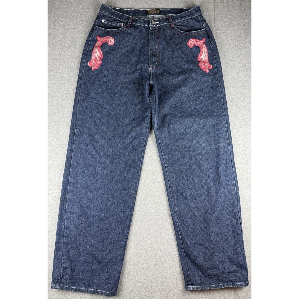 Old Skool Jeans Mens 38 Baggy Blue Denim Red Graphic Y2K Hip Hop Skater